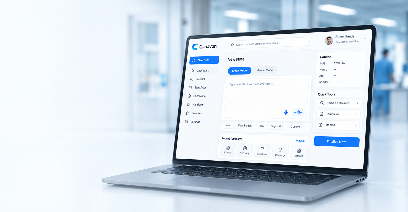 Clinavon documentation concept on a laptop in a bright clinical setting